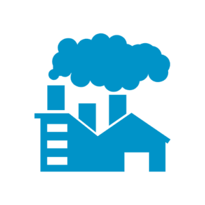 Solid blue icon of house and factory producing clouds