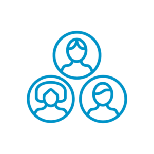Blue line icon of three heads in outlined circles stacked in a pyramid