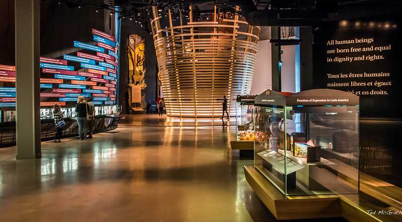 Canadian Museum of Human Rights interior with electronic exhibits visible