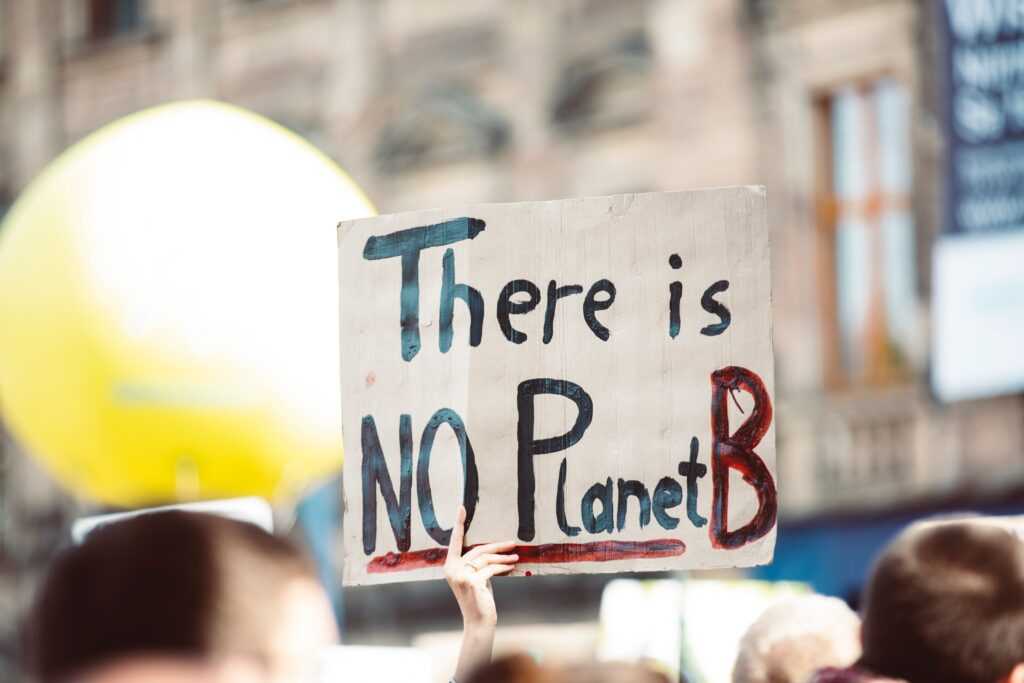 Protester hand holding sign reading There is No Planet B