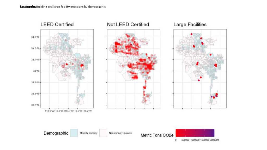Maps of Los Angeles, highlighting a lack of LEED-certified buildings in COC, and the presence of large facilities