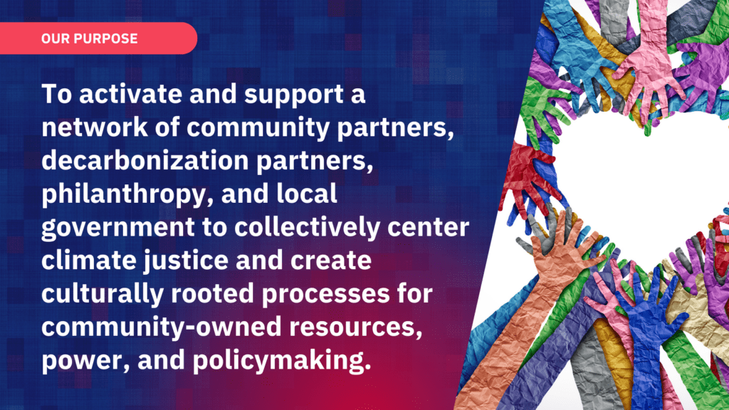 A graphic with blue and pink background. White text on left speaks to the purpose of Community Climate Shift to activate a network of partners to center climate justice. The right side shows a graphic of multicolored hands made of paper forming a heart.