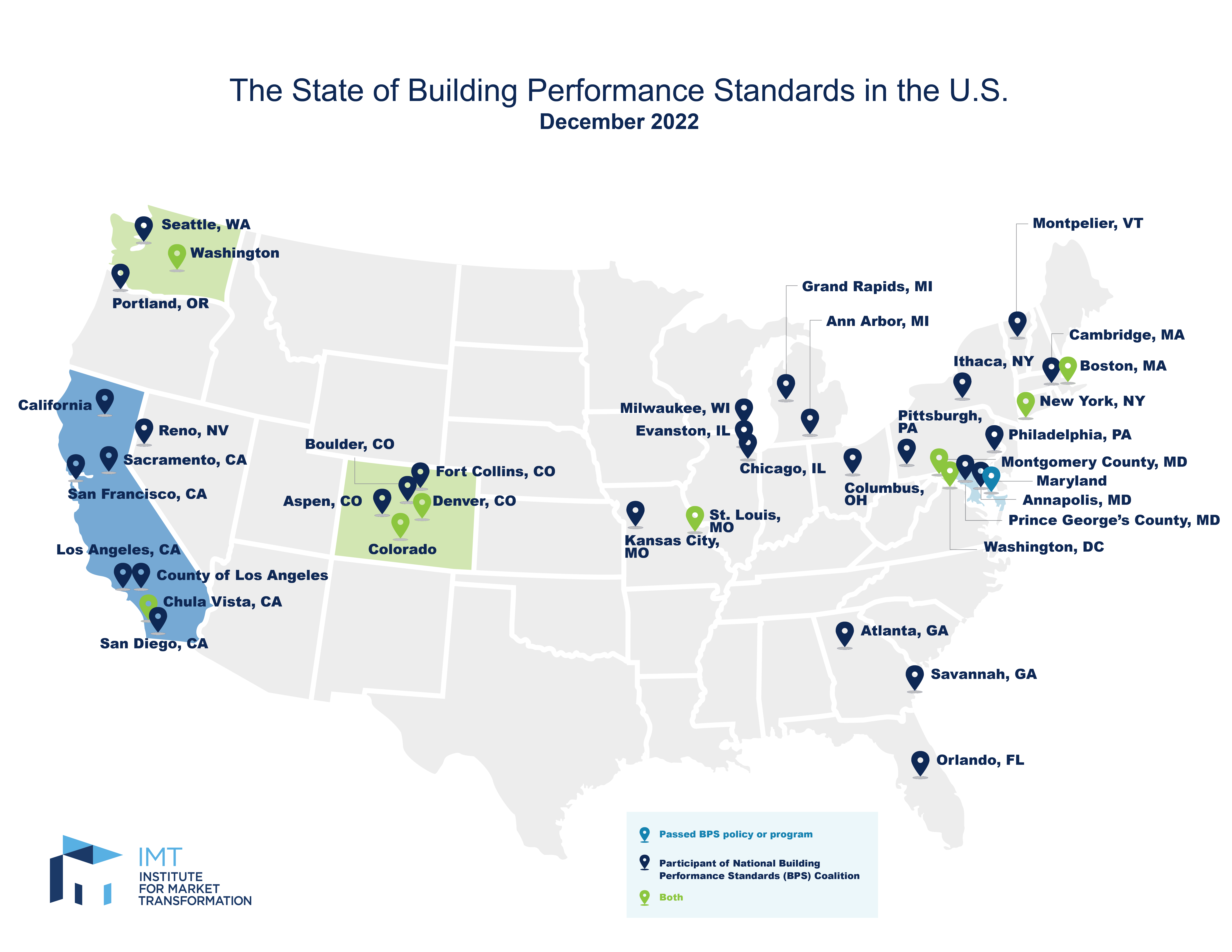 The State of Building Performance Standards in the U.S. as of December 2022. A map showing all of the jurisdictions (38 cities, counties and states) who have committed to passing BPS by Aril 2024.