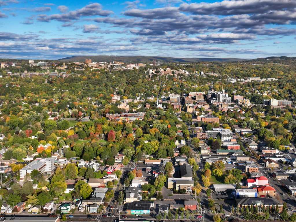 Early afternoon autumn aerial photo view of Ithaca New York. 

Credit: iStock.com/TW Farlow