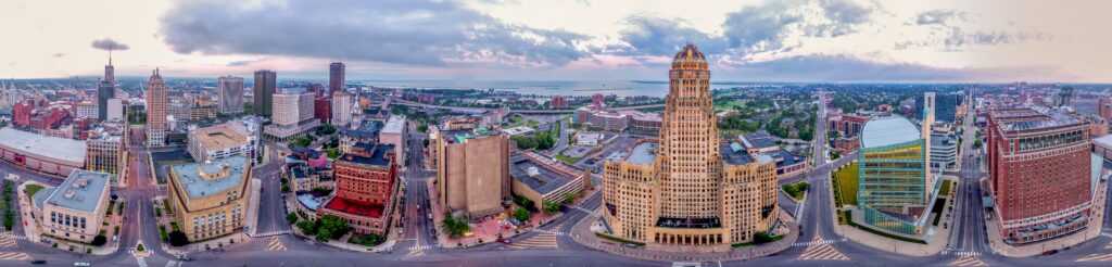 A panoramic shot of a beautiful cityscape with tall buildings in Buffalo, New York.

Credit: iStock.com/Wirestock