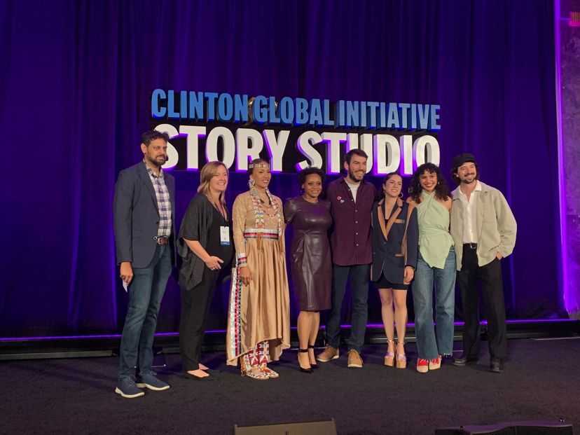 Precious Rideout, fourth from left, onstage with other Grist 50 awardees at NYC Climate Week event hosted by the Clinton Global Initiative